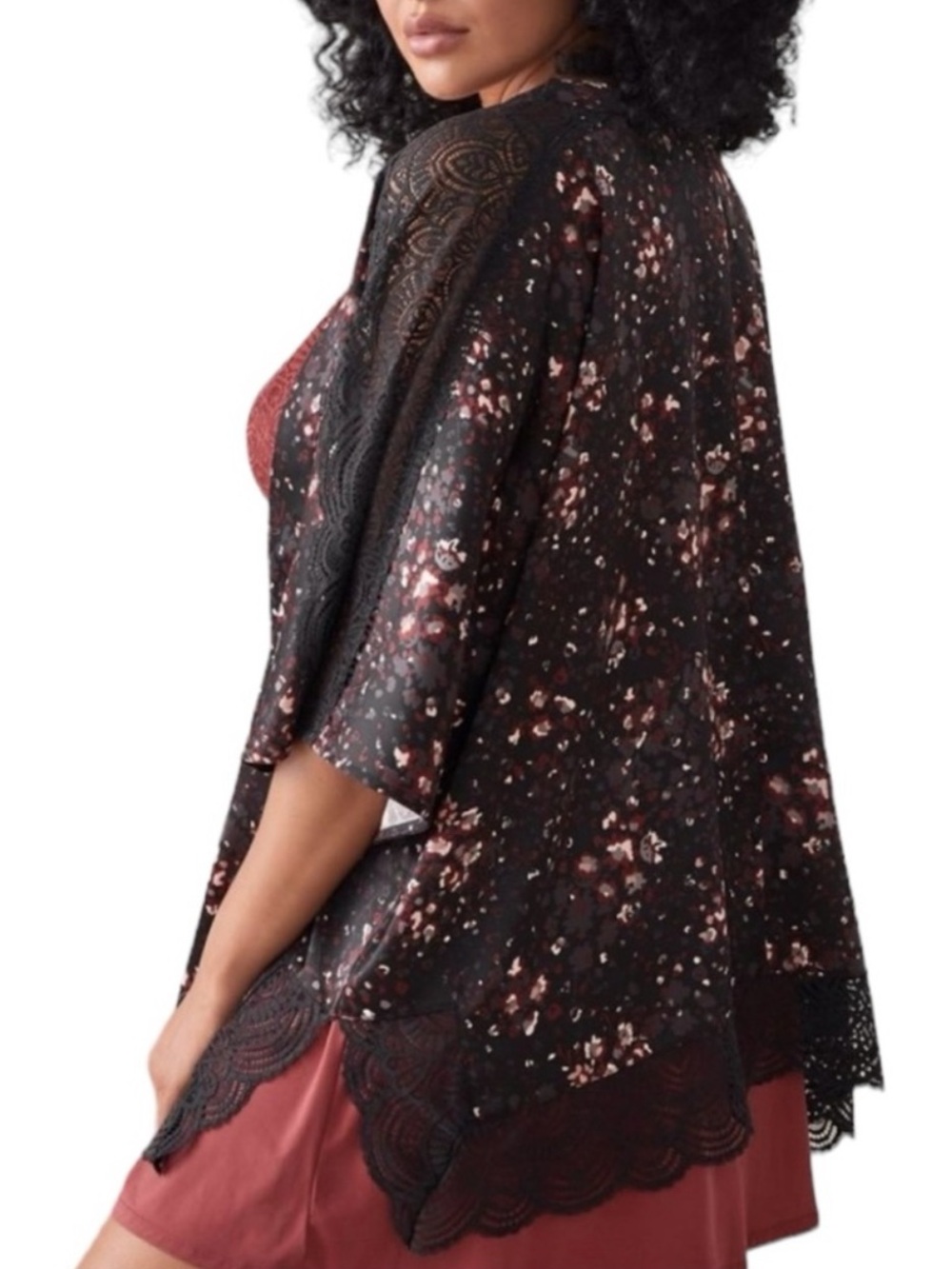 NWT Ashley Graham Black and Gray Floral Lingerie Kimono Curvy Plus Size 2X / 3X